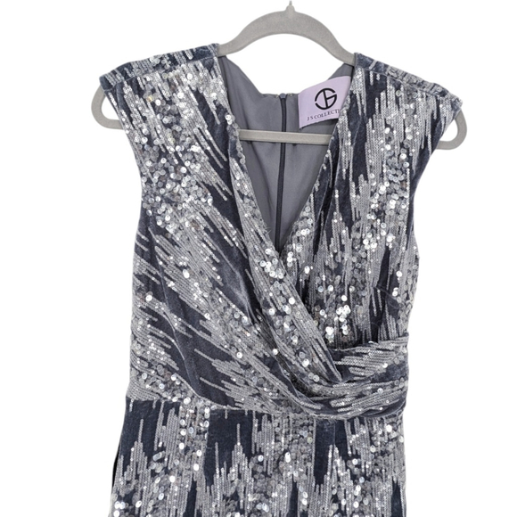JS Collections Velvet Faux Wrap Dress Sequin Gray Cocktail Holiday Sparkly - Picture 4 of 8